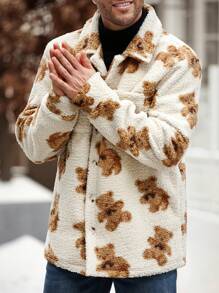 Manfinity Homme Men's Casual Outgoing Daily Bear Pattern Front Button Jacket, Autumn/Winter - Multicolor - View 3