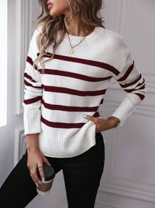 Chiquease 女士圆领长袖条纹简约套头毛衣，休闲日常穿着 - 酒紅色 - 查看 4