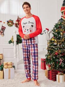 2pcs Men Casual Plaid Print Long Pants And Cute Bear Patch Raglan Sleeve Top Loungewear Set, For Christmas