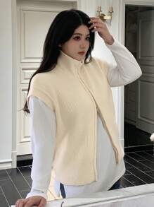 Dazy Petite Plus Plus Size Women Double-Zipper Loose Solid Color Turtleneck Sleeveless Cardigan, Autumn/Winter