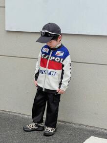 SHEIN Set de 2 piezas Chaqueta de motocicleta de color contrastante y pantalones deportivos casuales cómodos para niños, estilo fresco y elegante, corte holgado, tacto suave, apropiado para la escuela, salidas en primavera y otoño
