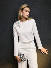 MOTF PREMIUM CONTRAST SEQUIN STEREO FLOWER FUZZY DETAIL WHITE TEE - White - View 2