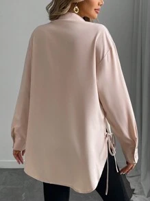 INAWLY Solid Drop Shoulder Split Hem Shirt For Spring & Summer,Long Sleeve Tops Fall Cloth For Women - Khaki - View 2