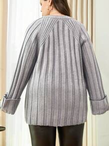 RueChic Plus Rib Solid Color Raglan Sleeve Sweater, For Winter - Grey - View 2