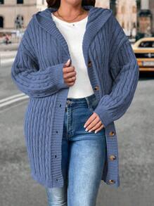 SHEIN Unity 大码女士时尚休闲长袖纽扣连帽灯笼袖纯色罗纹针织开衫毛衣夹克，适合冬季 - 藏蓝色 - 查看 7