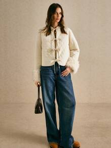 Poéselle Women's Solid Color Front Tie Long Sleeve Furry Cuff Loose Casual Winter Jacket - Apricot - View 1