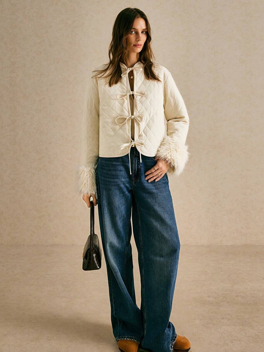 Poéselle Women's Solid Color Front Tie Long Sleeve Furry Cuff Loose Casual Winter Jacket - Apricot - View 1