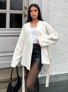 MainGRL 女式纯色前系带长袖简约夹克，秋冬休闲日常穿着 - 米色 - 查看 4