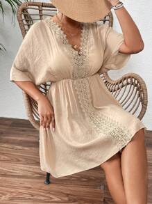 Swim Vcay 女士沙滩连衣裙 V领蕾丝拼接宽松沙滩罩衫 - 卡其色 - 查看 5