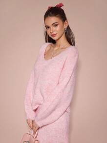 Enchnt Suéter casual de mujer con cuello en V de manga larga, color rosa