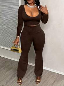 Women's Sexy Casual Short Cropped Fitted Top And Flare Pants Set, Autumn