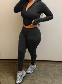 Bộ áo hoodie và quần legging trơn màu thường ngày - màu đen - Xem 5