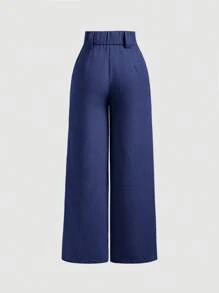 SHEIN MOD 女式纯色褶皱阔腿裤 - 藏蓝色 - 查看 2