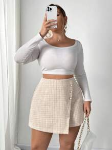 Flirla 欧美风时尚百搭不对称纽扣开衩大码短裙短裤