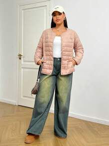 SHEIN EZwear Women Plus Size Casual Minimalist Single Breasted Down Jacket, Winter