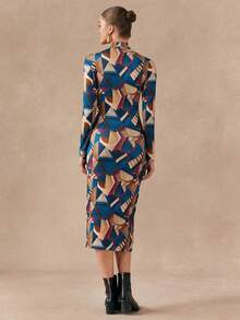 Chiquease 女士修身印花开衩下摆高端中长连衣裙