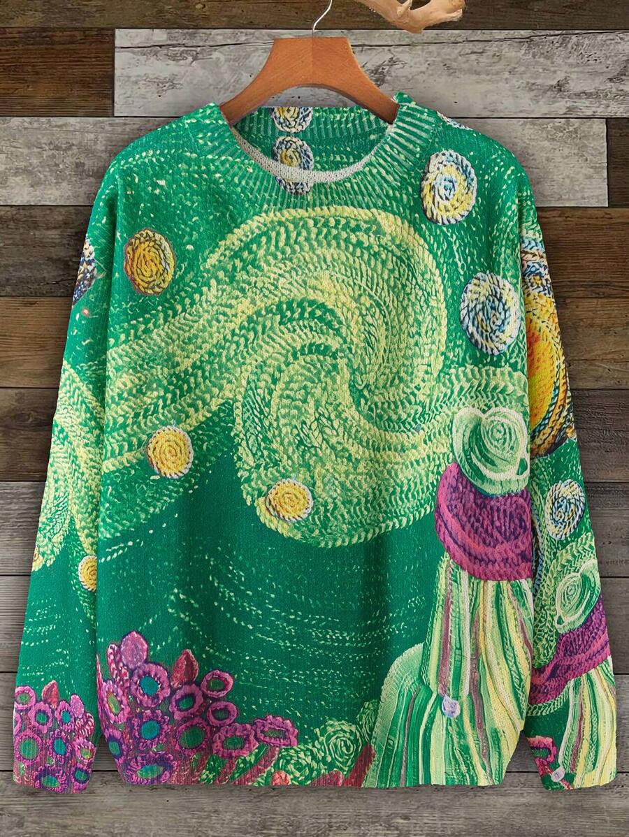 SHEIN LUNE Suéter de cuello redondo con estampado de flores talla grande, uso casual diario, tejido de punto de otoño/invierno - Verde - Ver 1