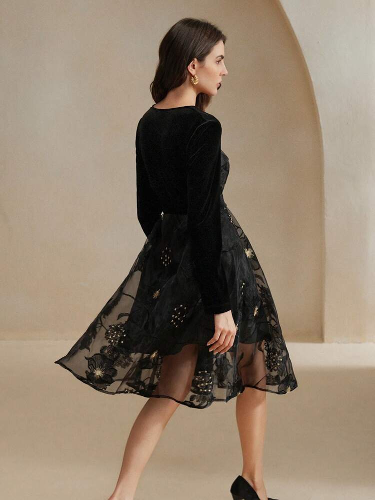 Women Floral Embroidery Minimalist Short Casual Dress With Long Sleeve, For Daily Wear Maxi Organza Women Outfit
