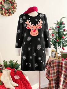 SHEIN Frenchy Plus Size Deer & Snowflake Pattern Christmas Sweater Dress, Casual For Autumn Fall/Winter - Multicolor - View 1