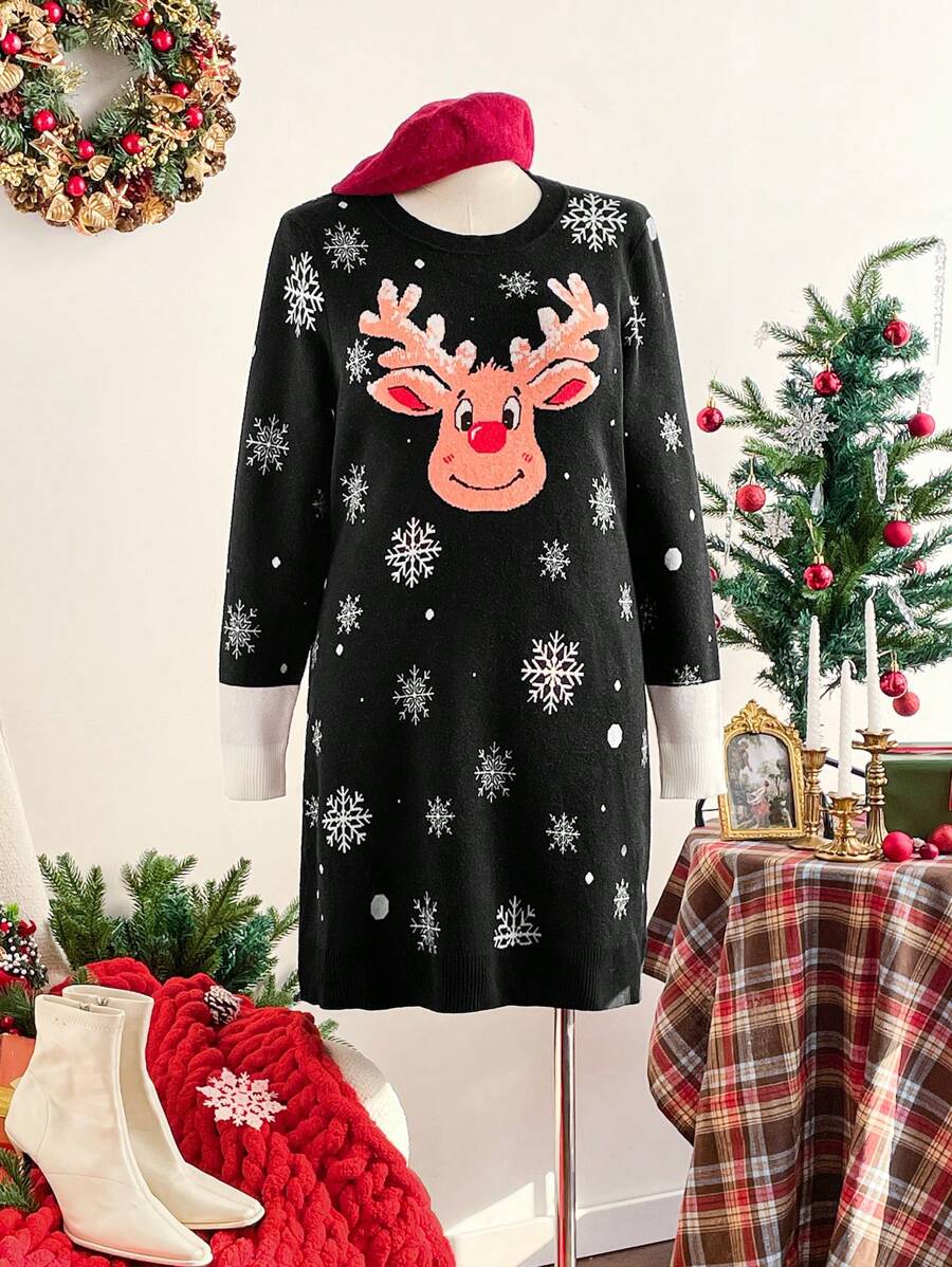 SHEIN Frenchy Plus Size Deer & Snowflake Pattern Christmas Sweater Dress, Casual For Autumn Fall/Winter - Multicolor - View 1