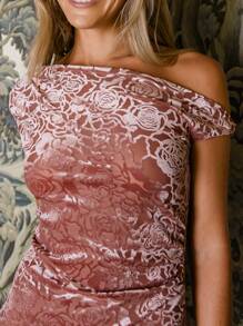 Aralina 女士花卉提花单肩修身优雅中长连衣裙 - 藕粉色 - 查看 3