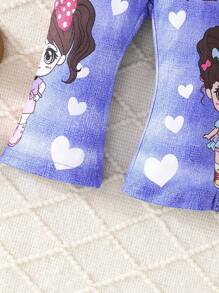 Leggings casuales para niñas pequeñas con estampado de corazones y letras, versátiles para usar al aire libre en primavera/otoño - Azul - Ver 4