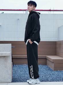 DAZY Men's Letter Embroidered Sweatshirt Set, Autumn Hoodie - Black - View 4