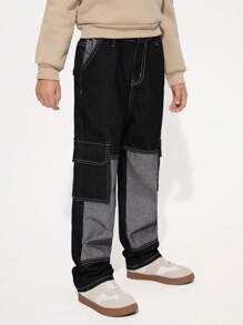 Pantalones vaqueros informales de trabajo holgados con bolsillos múltiples de color de contraste lavados para niños de moda - Negro - Ver 6