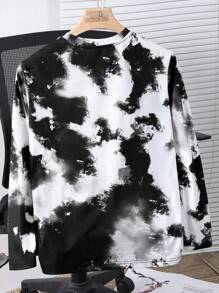 SHEIN Leap Crew 青少年男孩休闲宽松舒适百搭扎染涂鸦脸图案长袖上衣，适合秋冬季