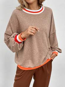 SHEIN LUNE 1 Áo nỉ dài tay hở vai phối gân tương phản dành cho nữ, phong cách thường ngày cho mùa thu - Màu Khaki - Xem 4