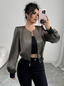 SHEIN Unity Women's Solid Color Splicing Front Zipper Long Sleeve Casual Jacket Fall Cloth For Women - Green - View 3