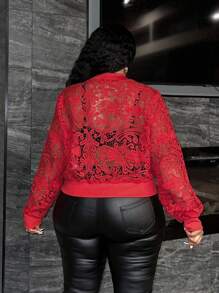 Slaydiva 日常休闲优雅紧身纯红色长袖透明蕾丝夹克，短款拉链大码女士，春秋季 - 紅色 - 查看 2