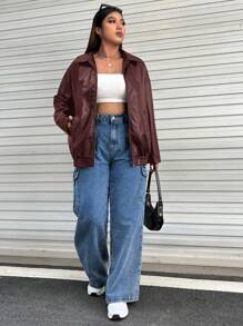SHEIN EZwear Chaqueta casual con cremallera para tallas grandes para otoño/uso diario al aire libre