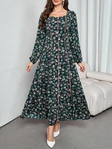 Modelyn 1 件女式花卉印花长袖阿拉伯朴素连衣裙