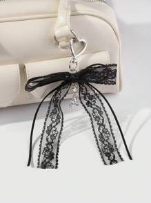ROMWE 1 Móc khóa hình gấu bông hình trái tim đính nơ ren phong cách Gothic, Phụ kiện Kawaii thẩm mỹ tối màu, Thích hợp cho phụ nữ và trẻ em gái, Sử dụng hàng ngày hoặc làm quà tặng lễ hội, Valentine, Halloween - màu đen - Xem 7