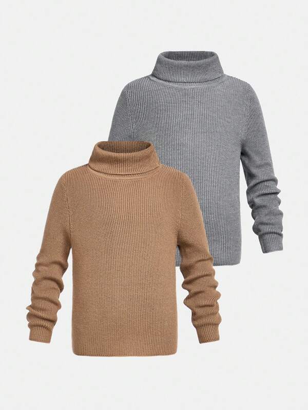 2pcs/Set Young Boys Casual Korean-Style Turtleneck Sweaters, Suitable For Autumn/Winter Layering
