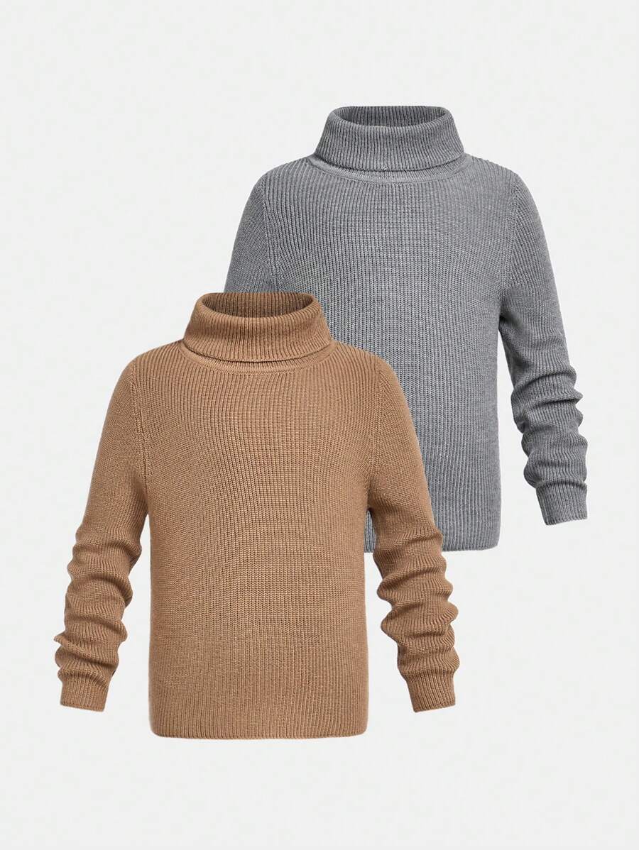 2pcs/Set Young Boys Casual Korean-Style Turtleneck Sweaters, Suitable For Autumn/Winter Layering - Multicolor - View 1
