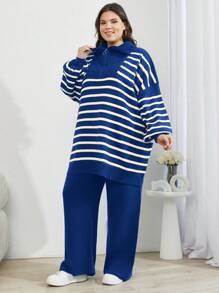 SHEIN Cottnline Plus Size Women's Houndstooth Drop Shoulder Button Down Cardigan Sweater And Pants 3-Piece Set, For Winter - Royal Blue - View 5