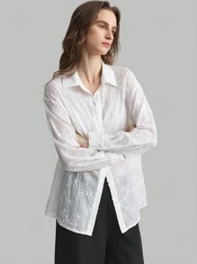 Ontre 女式白色刺绣设计休闲纯色轻便秋季衬衫 - 白色 - 查看 3