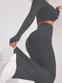 2pcs Women Solid Color Thumb Hole Cropped Slim Fit Top And Flare Pants Sports Suit, Autumn Gym Set Workout Women Set - Dark Grey - View 1