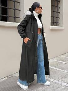 WOMAN BLACK OVERCOAT WITH FUR AND TEDDY LINING - Black - View 3