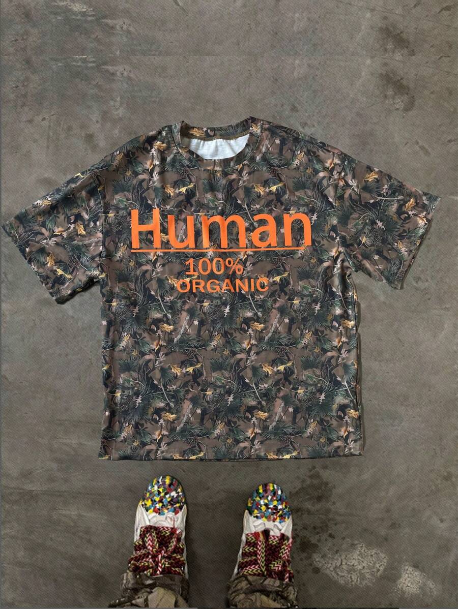 Manfinity EMRG Men's Casual Plant & Letter Print Drop Shoulder Loose Fit Short Sleeve T-Shirt, Summer,Camo,Boy Friend Gifts - Multicolor - View 1