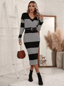 SHEIN Clasi Women V-Neck Ribbed Ribbed Long Sleeve Knit Sweater Dress Fall Cloth For Women - Multicolor - View 5