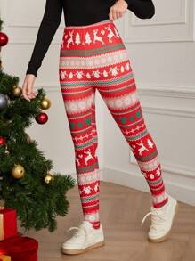 Teen Girl Christmas Element Printed Leggings, Versatile Inner/Outer Wear, Holiday Style, Christmas Party Leggings - Multicolor - View 1