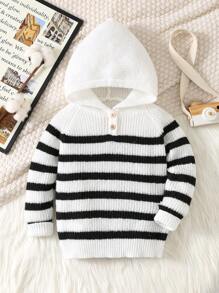 1pc Casual Boys' Cozy Fashionable Simple Practical Versatile Half-Open Collar Deer Plush Comfortable Thick Warm Striped Hoodie Sweater, Suitable For Back To School, Daily Wear, Travel, Sports, Autumn/Winter - Black and White - View 2