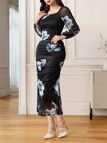 Modelyn Women's Floral Print Elegant Square Neck Tie Waist Midi Dress Maxi Women Outfit Long Evening Dresses - Black - View 7