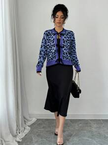 SHEIN Unity 1pc Women Leopard Print Bowknot Front Cardigan - Royal Blue - View 3
