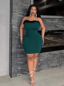 Slaydiva Elegant & Party & Gathering & Sexy & Dating & Evening Wear Women Plus Size Solid Color Sheer Strap Removable V-Neck Fuzzy Splice Mini Dress, Spring/Summer