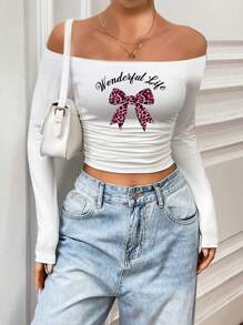 INAWLY 1pc New Leopard Print Bow One Shoulder Long Sleeve T-Shirt - Blue - View 3