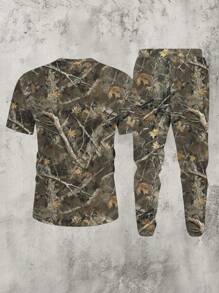 Manfinity Homme Camo Withered Branch & Leaf Print Men Casual T-Shirt And Drawstring Long Pants Set - White - View 2